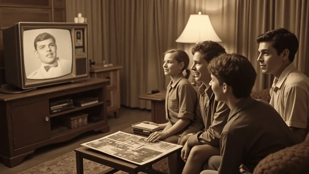 Vintage family watching TV with TV Guide